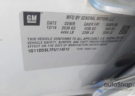 2015 Chevrolet Malibu 2Lt from USA, damaged, VIN 1G11D5SL7FU114519